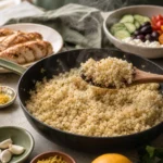 Sautéed cauliflower rice steaming in a skillet for a keto Mediterranean cauliflower rice bowl