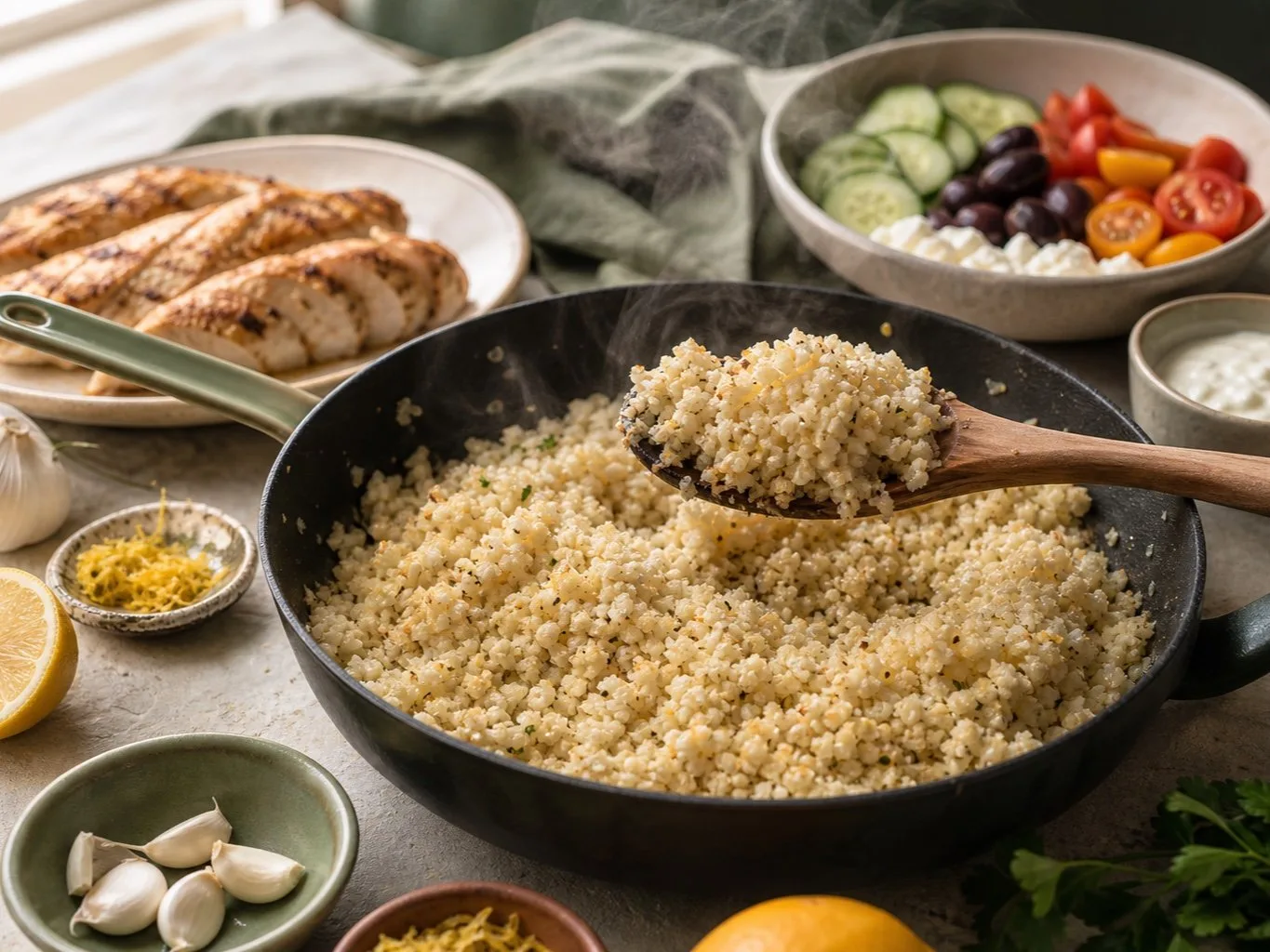 Sautéed cauliflower rice steaming in a skillet for a keto Mediterranean cauliflower rice bowl