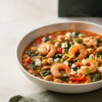 Mediterranean shrimp and white bean stew in tomato broth with cannellini beans, spinach, lemon, parsley, and feta