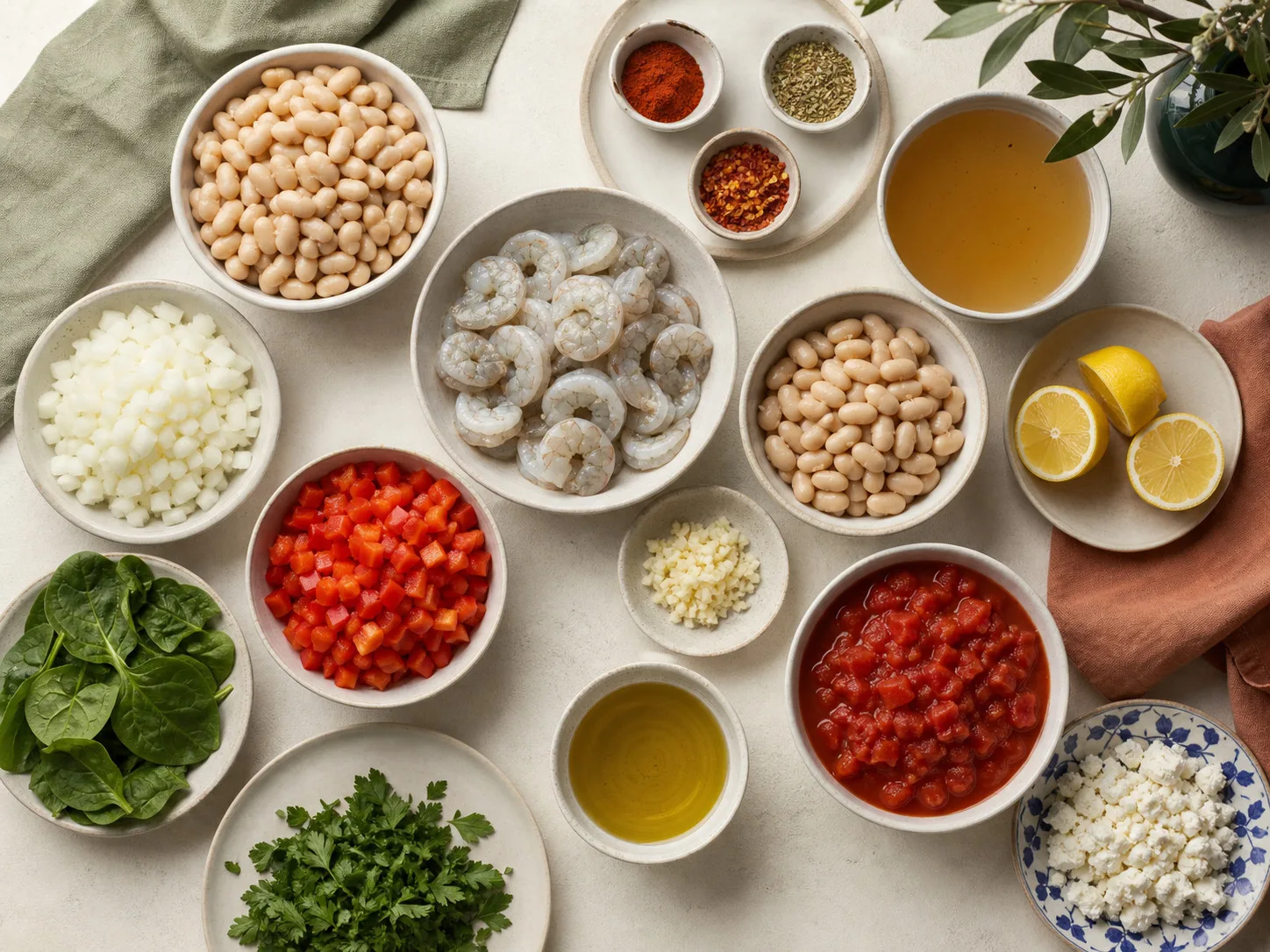 Ingredients for Mediterranean shrimp and white bean stew: shrimp, cannellini beans, tomatoes, peppers, spinach, lemon, and herbs