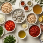 Ingredients for Mediterranean shrimp and white bean stew: shrimp, cannellini beans, tomatoes, peppers, spinach, lemon, and herbs