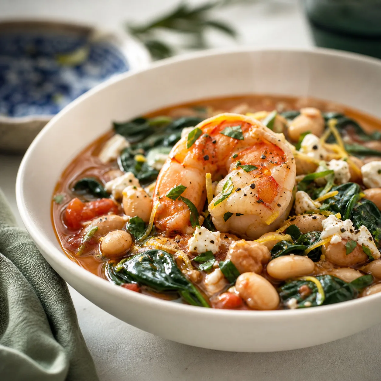Close-up of Mediterranean shrimp and white bean stew with tender shrimp, creamy beans, spinach, lemon, parsley, and feta