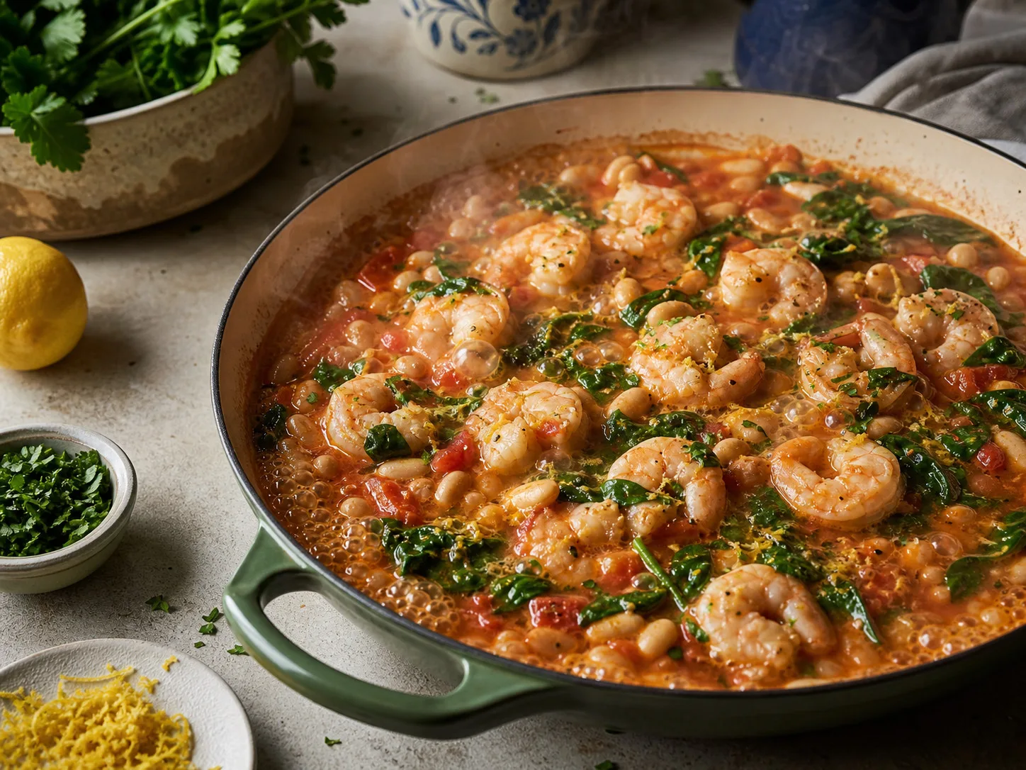 Shrimp simmering with cannellini beans, tomatoes, spinach, and lemon in Mediterranean shrimp and white bean stew
