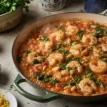 Shrimp simmering with cannellini beans, tomatoes, spinach, and lemon in Mediterranean shrimp and white bean stew