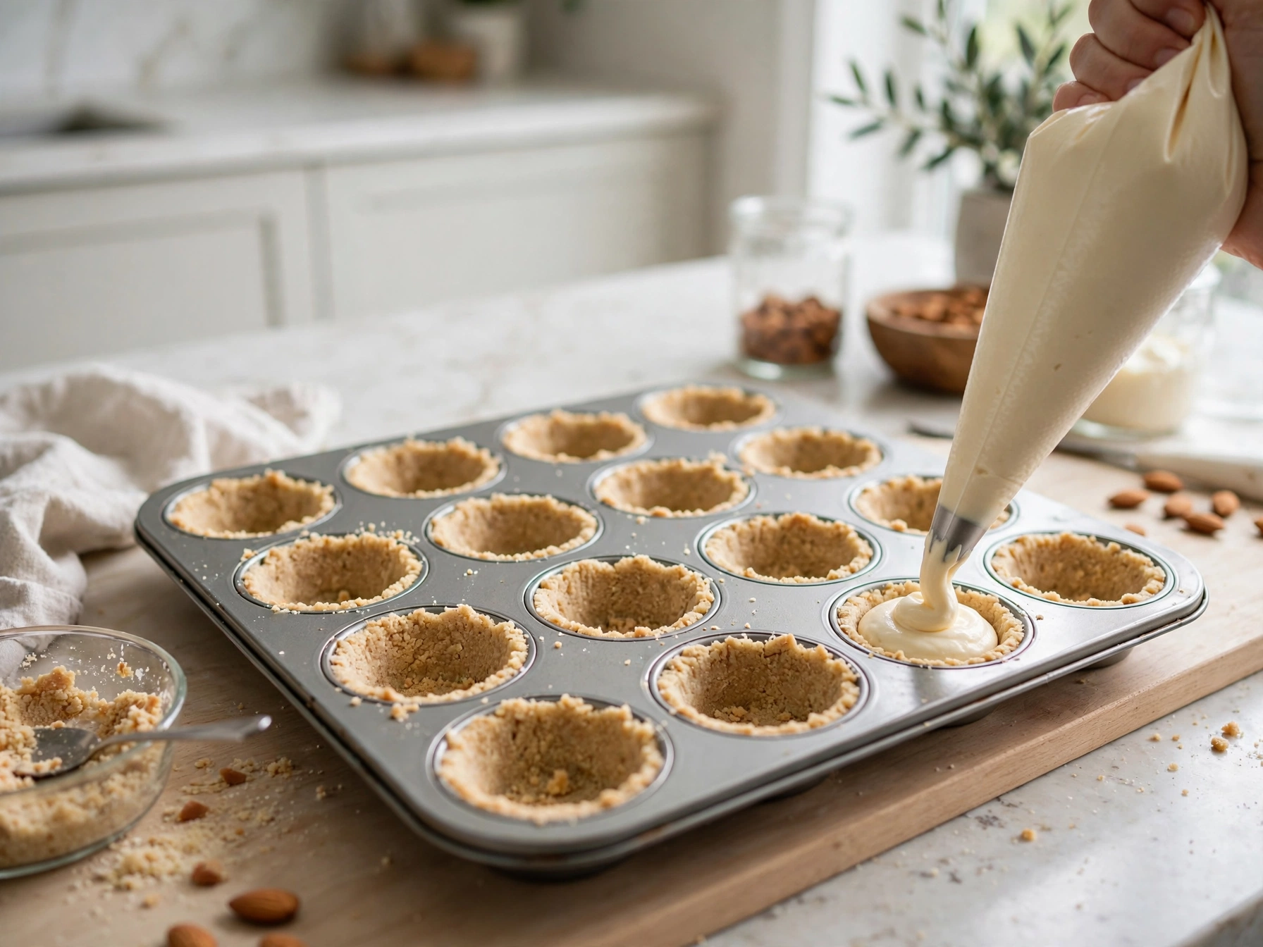 filling muffin liners with keto cheesecake batter over almond flour crust