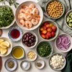 Ingredients for Mediterranean shrimp salad: cooked shrimp, chickpeas, cucumber, tomatoes, olives, greens, lemon