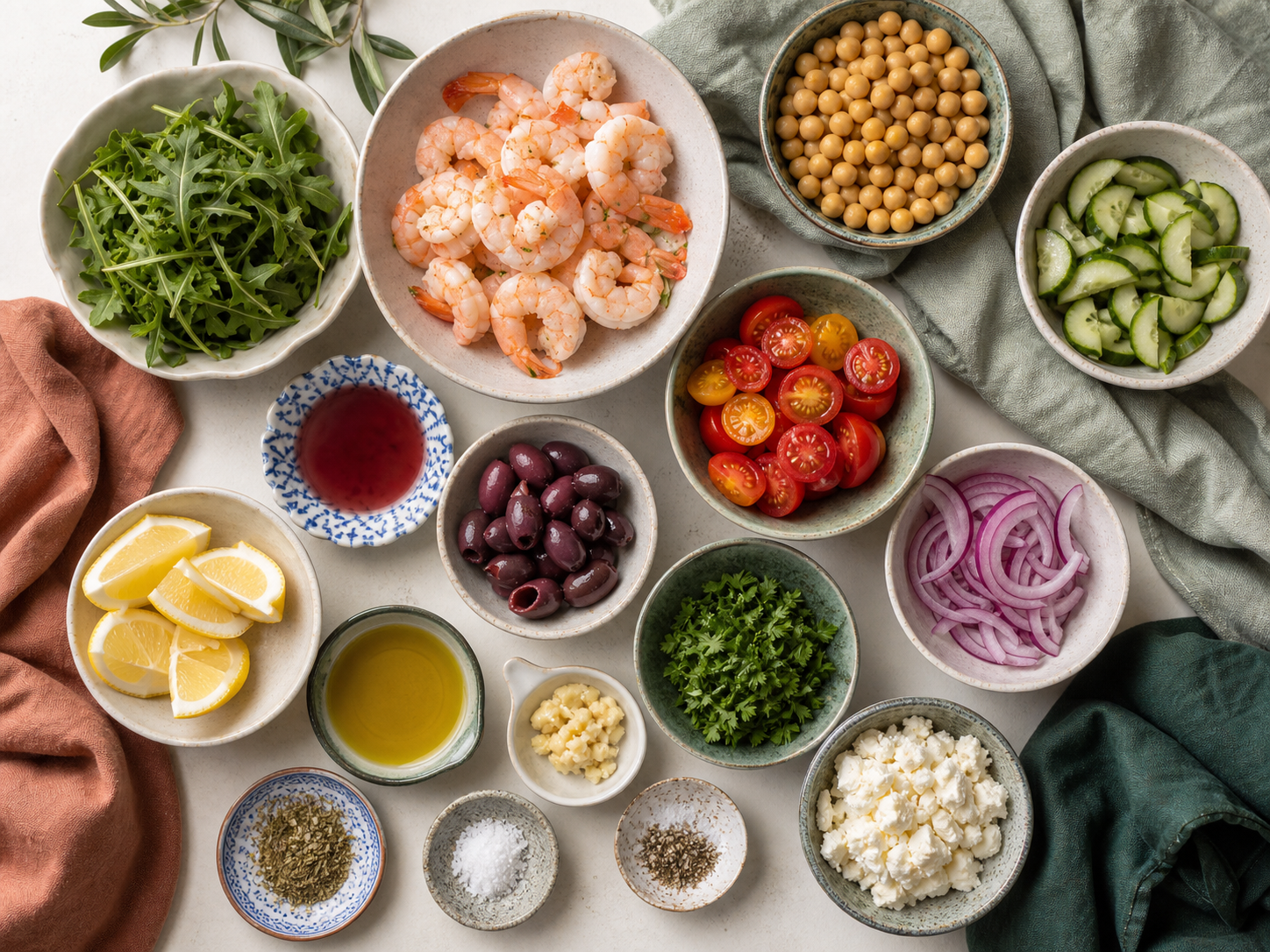 Ingredients for Mediterranean shrimp salad: cooked shrimp, chickpeas, cucumber, tomatoes, olives, greens, lemon