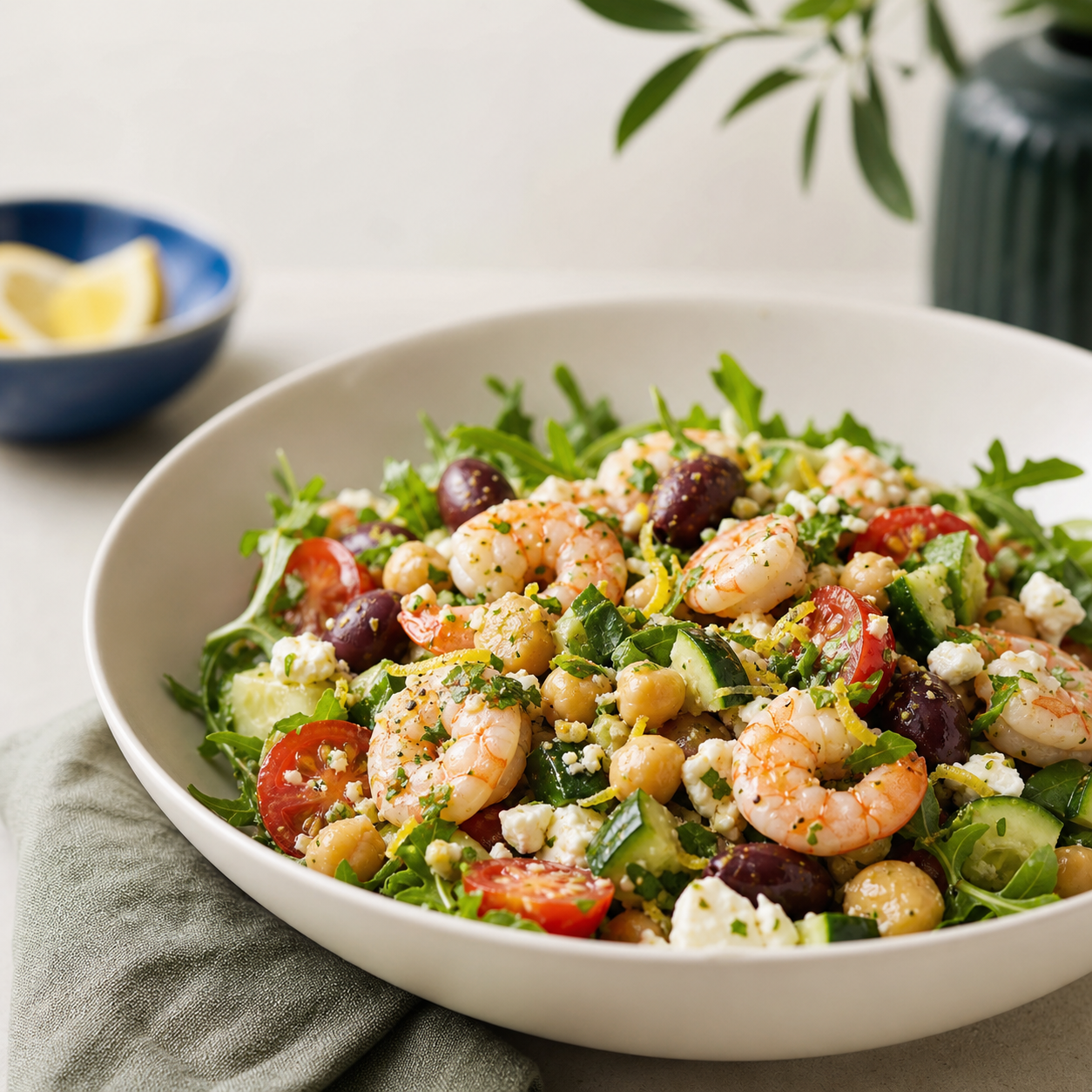 Close-up of no cook Mediterranean shrimp salad with chilled shrimp, chickpeas, arugula, olives, feta, and lemon