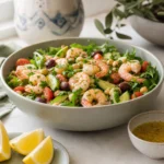 No cook Mediterranean shrimp salad tossed with lemon dressing, shrimp, chickpeas, cucumber, tomatoes, and herbs