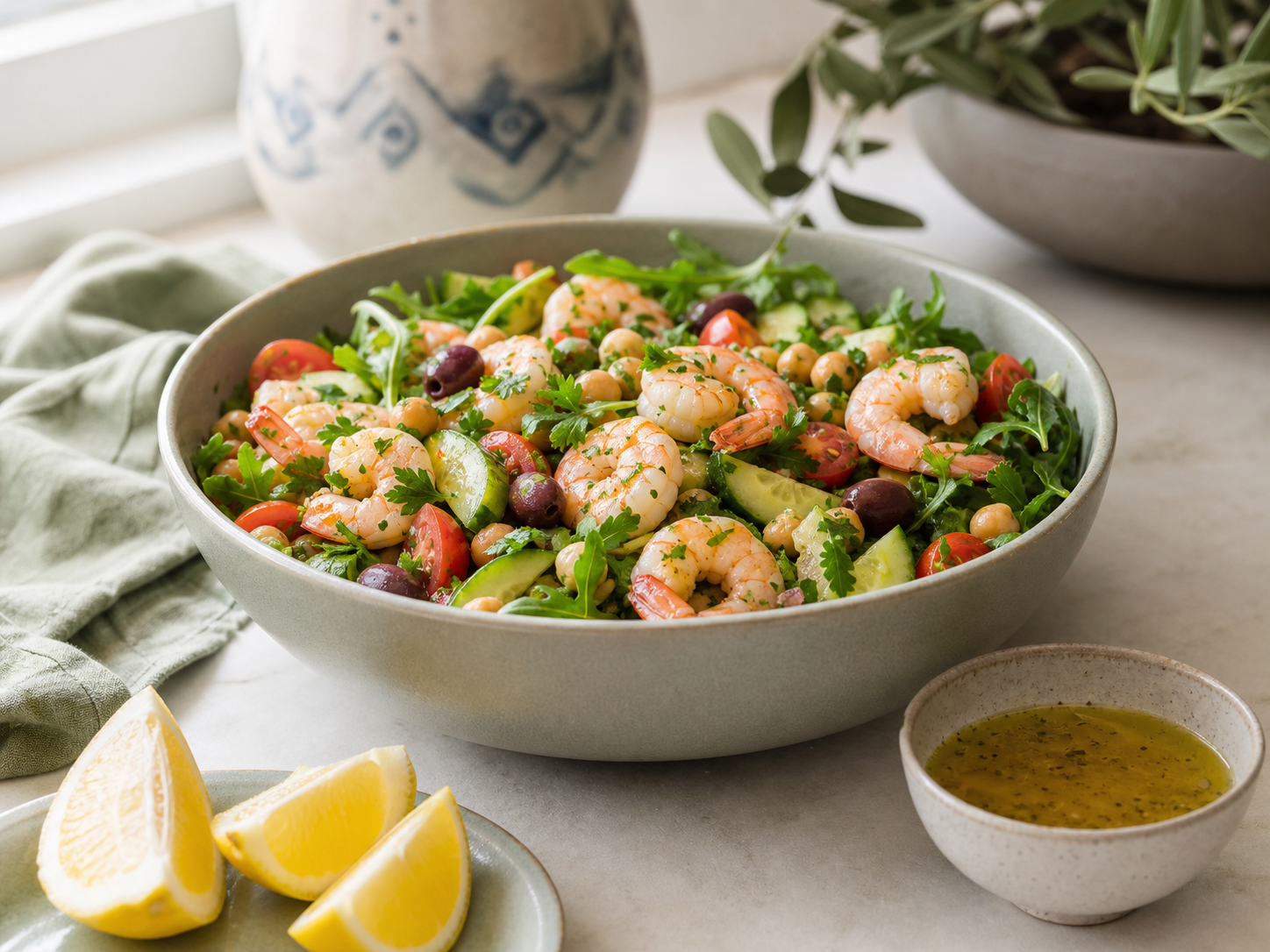 No cook Mediterranean shrimp salad tossed with lemon dressing, shrimp, chickpeas, cucumber, tomatoes, and herbs