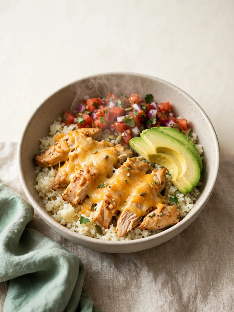 Keto chicken burrito bowl under 500 calories in a bowl with cauliflower rice, avocado, salsa, and melted cheese