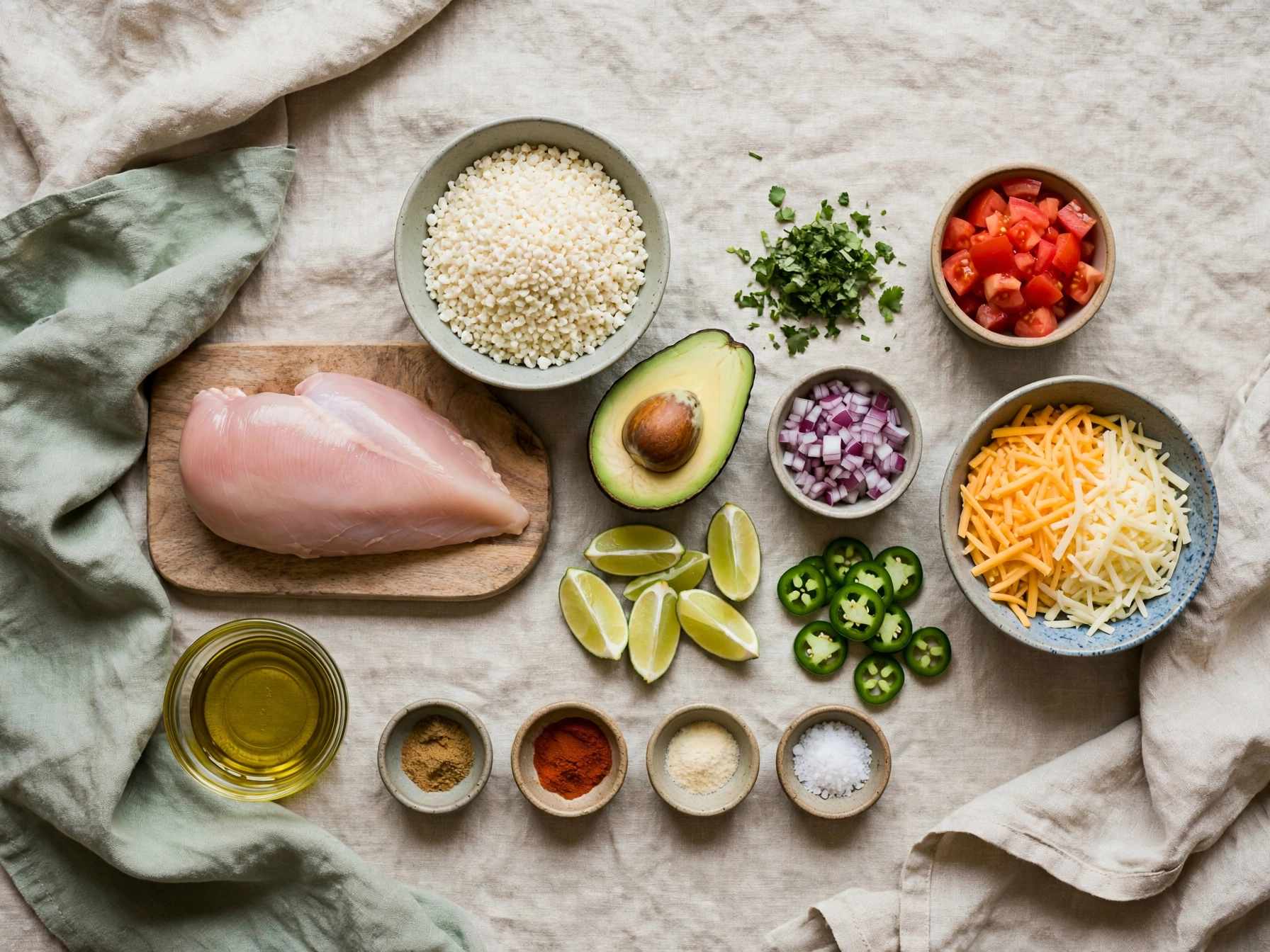 Raw ingredients for a chicken burrito bowl under 500 calories, including chicken breast, cauliflower rice, avocado, and lime