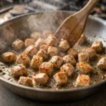 Searing seasoned chicken cubes in a skillet for a chicken burrito bowl under 500 calories