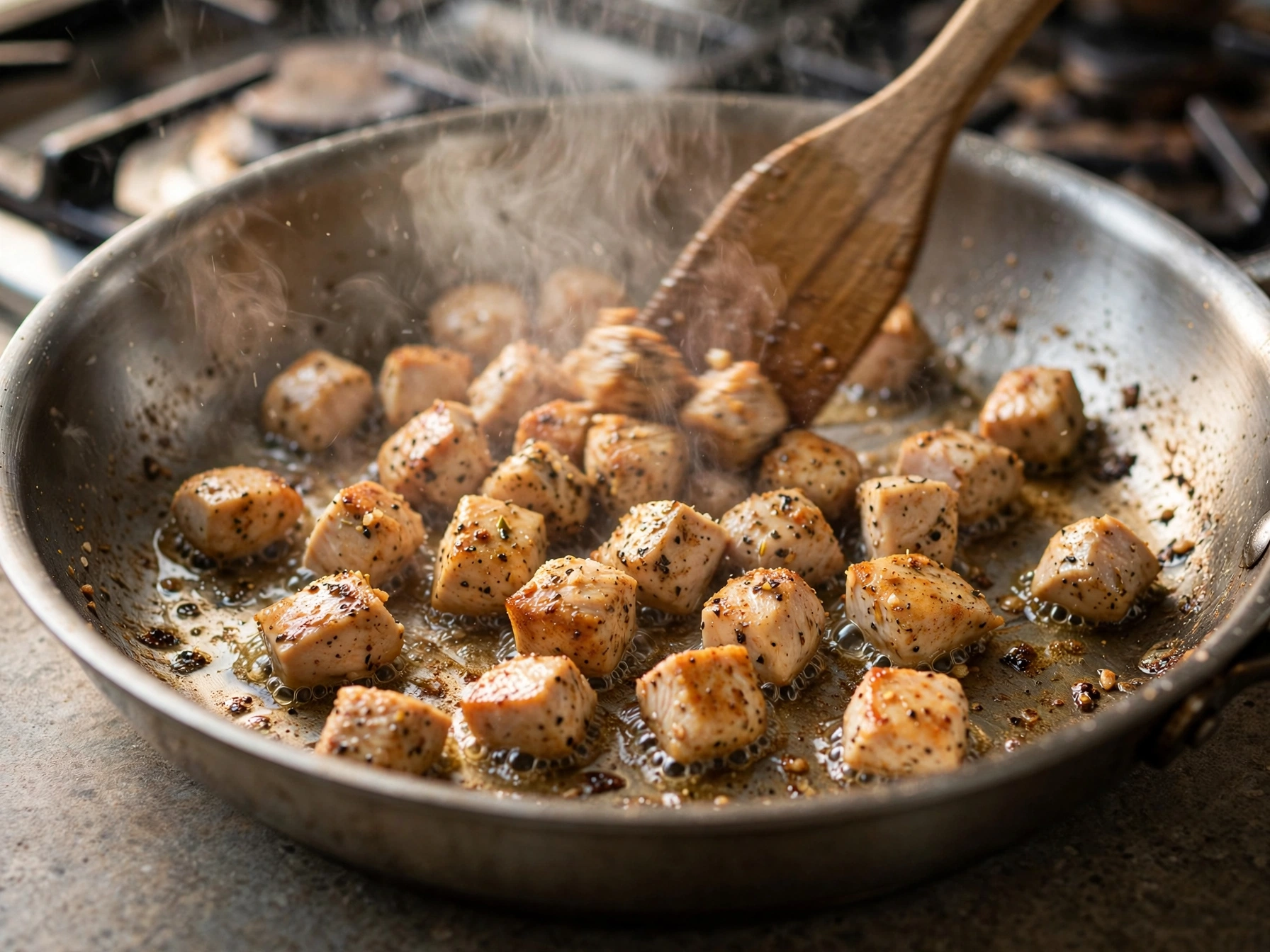 Searing seasoned chicken cubes in a skillet for a chicken burrito bowl under 500 calories