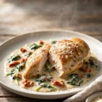 Creamy garlic tuscan keto chicken plated with spinach and sun-dried tomato sauce