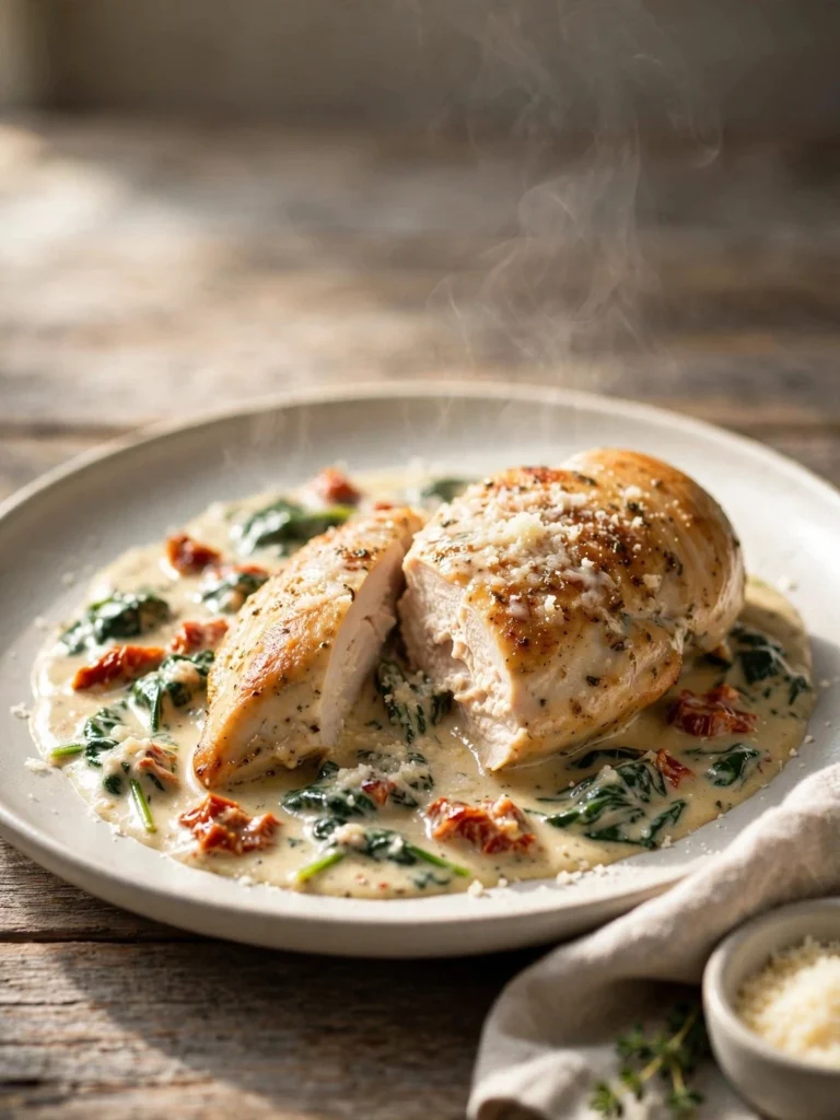 Creamy garlic tuscan keto chicken plated with spinach and sun-dried tomato sauce