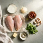 Raw ingredients for creamy garlic tuscan keto chicken laid out on a counter