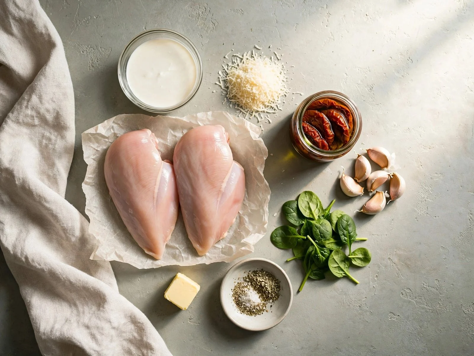 Raw ingredients for creamy garlic tuscan keto chicken laid out on a counter