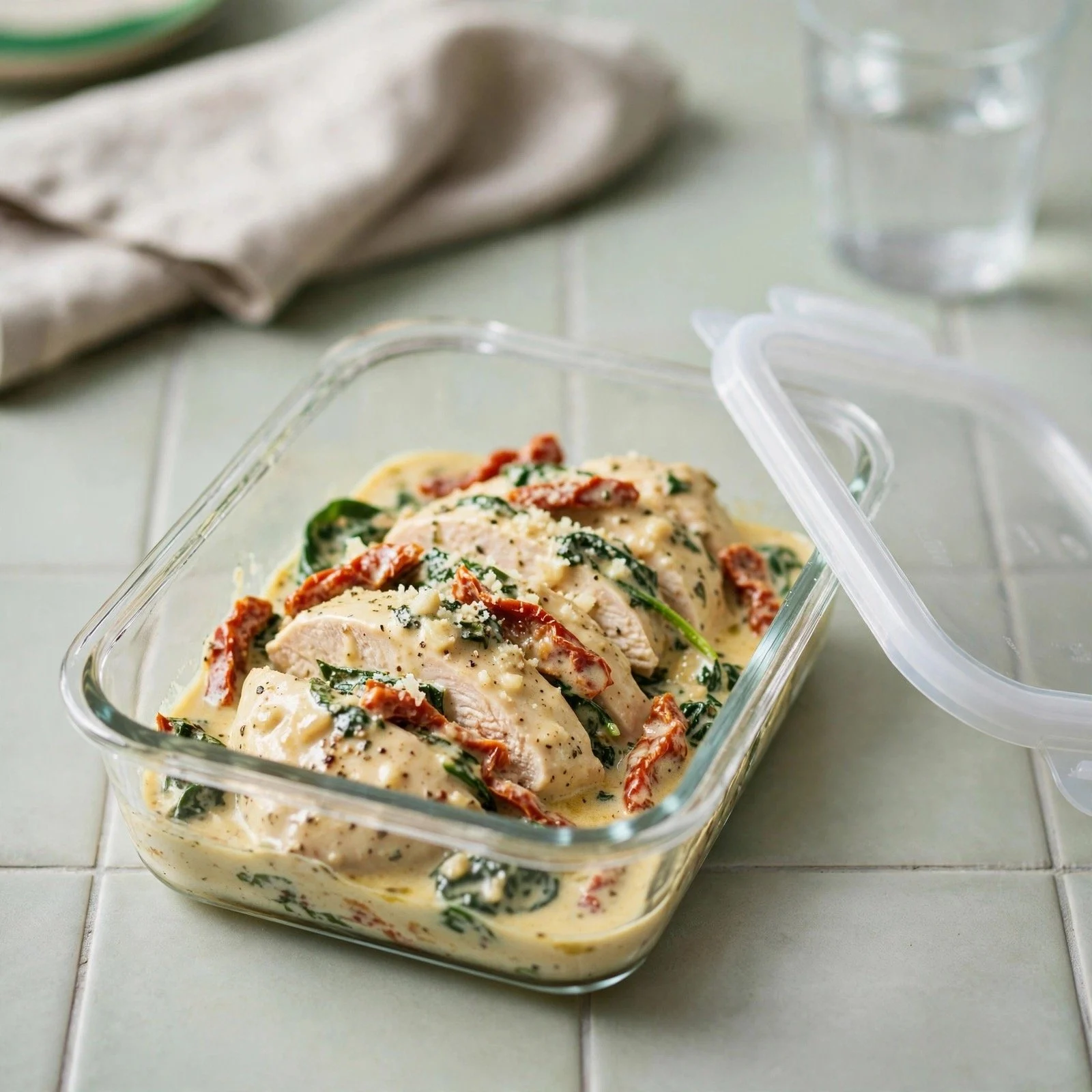 Creamy garlic tuscan keto chicken portioned in a glass meal-prep container