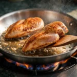 Chicken searing in a skillet for creamy garlic tuscan keto chicken