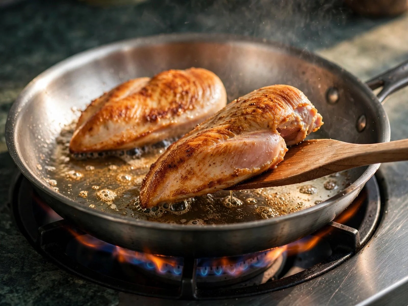 Chicken searing in a skillet for creamy garlic tuscan keto chicken