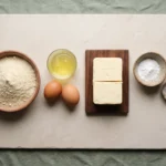 Blanched almond flour, eggs, separated egg whites, butter and baking powder laid out raw
