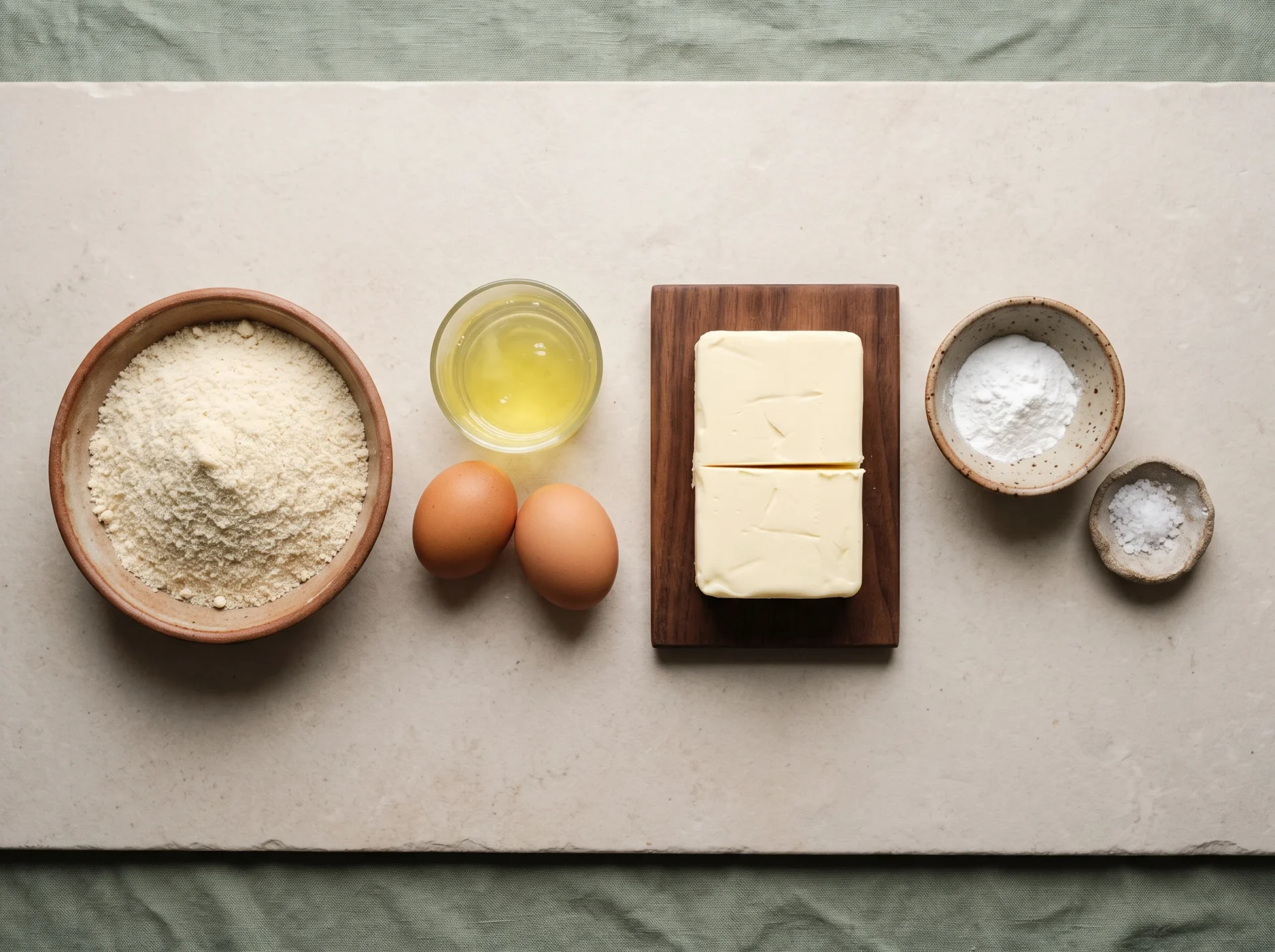 Blanched almond flour, eggs, separated egg whites, butter and baking powder laid out raw