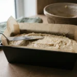 Almond flour batter being smoothed level into a parchment-lined loaf tin