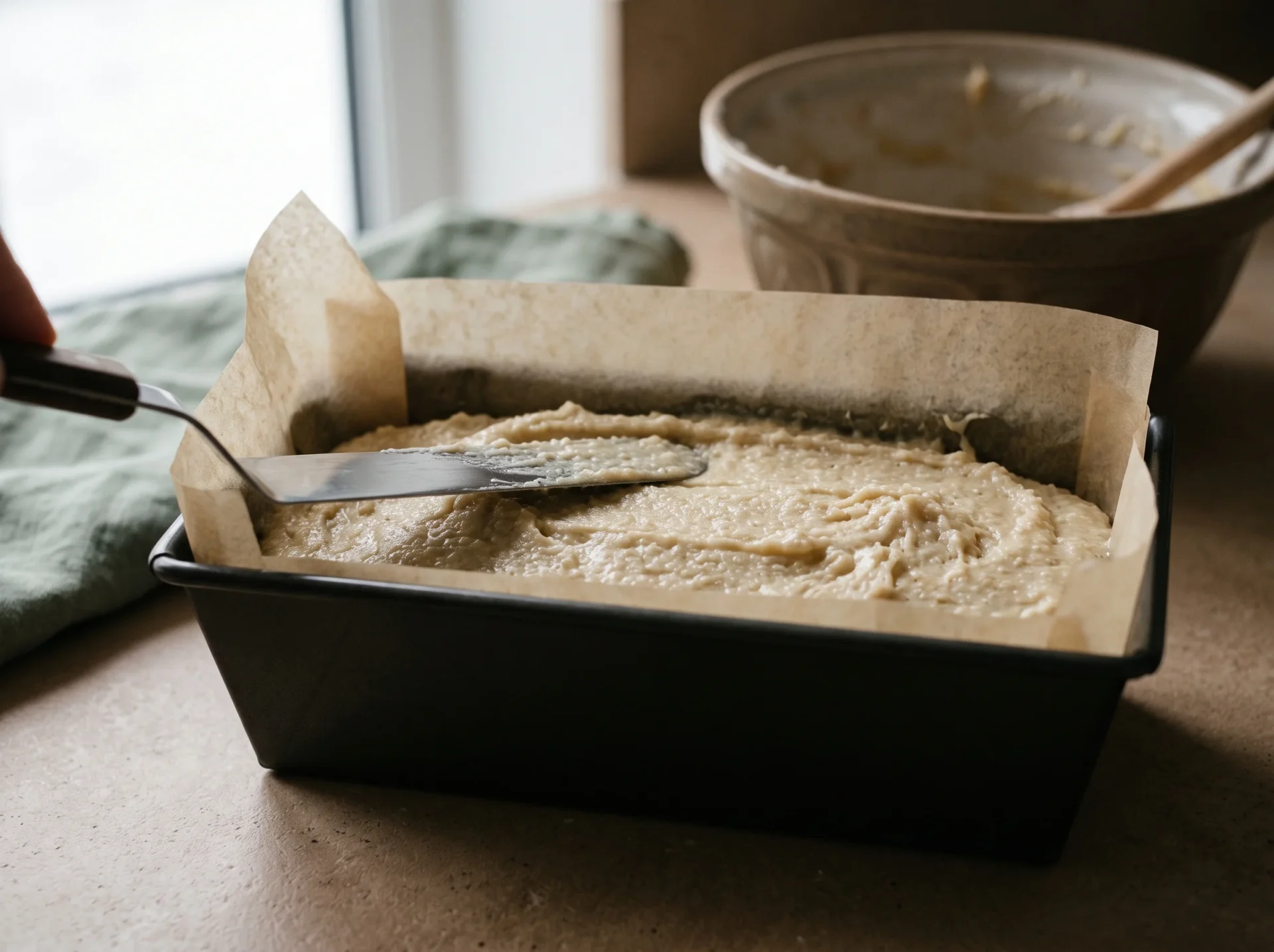 Almond flour batter being smoothed level into a parchment-lined loaf tin