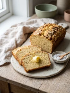 Sliced almond flour keto bread on a wooden board with butter melting on the front slice