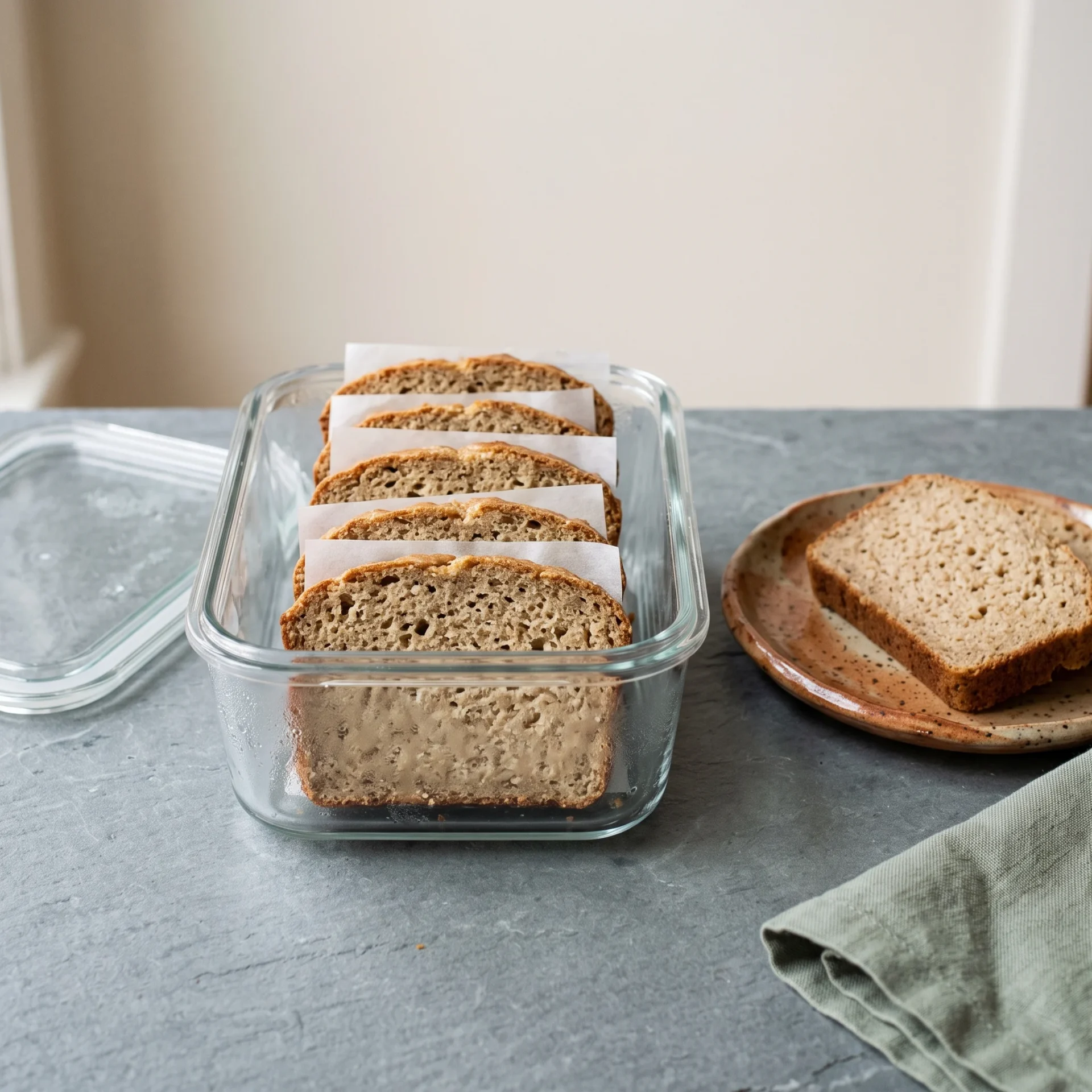 Cooled slices of keto bread stacked with parchment between them in a glass storage container