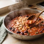 Butter beans being folded into bubbling tomato puttanesca sauce in a wide skillet