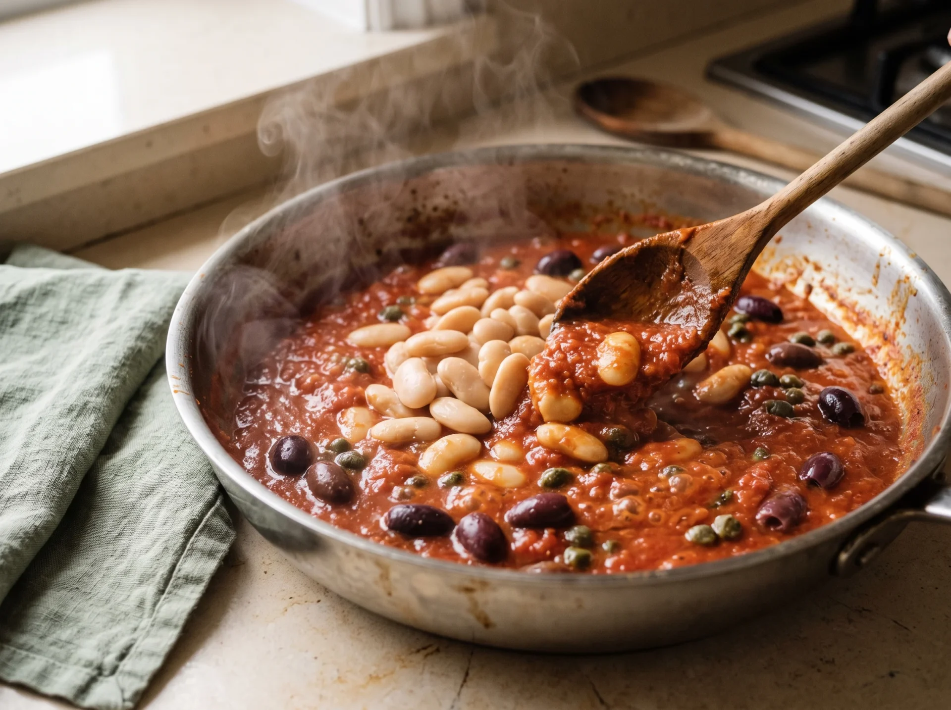 Butter beans being folded into bubbling tomato puttanesca sauce in a wide skillet