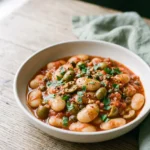 Puttanesca butter beans in a shallow bowl with green olives, capers and torn parsley
