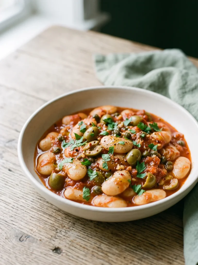 Puttanesca butter beans in a shallow bowl with green olives, capers and torn parsley