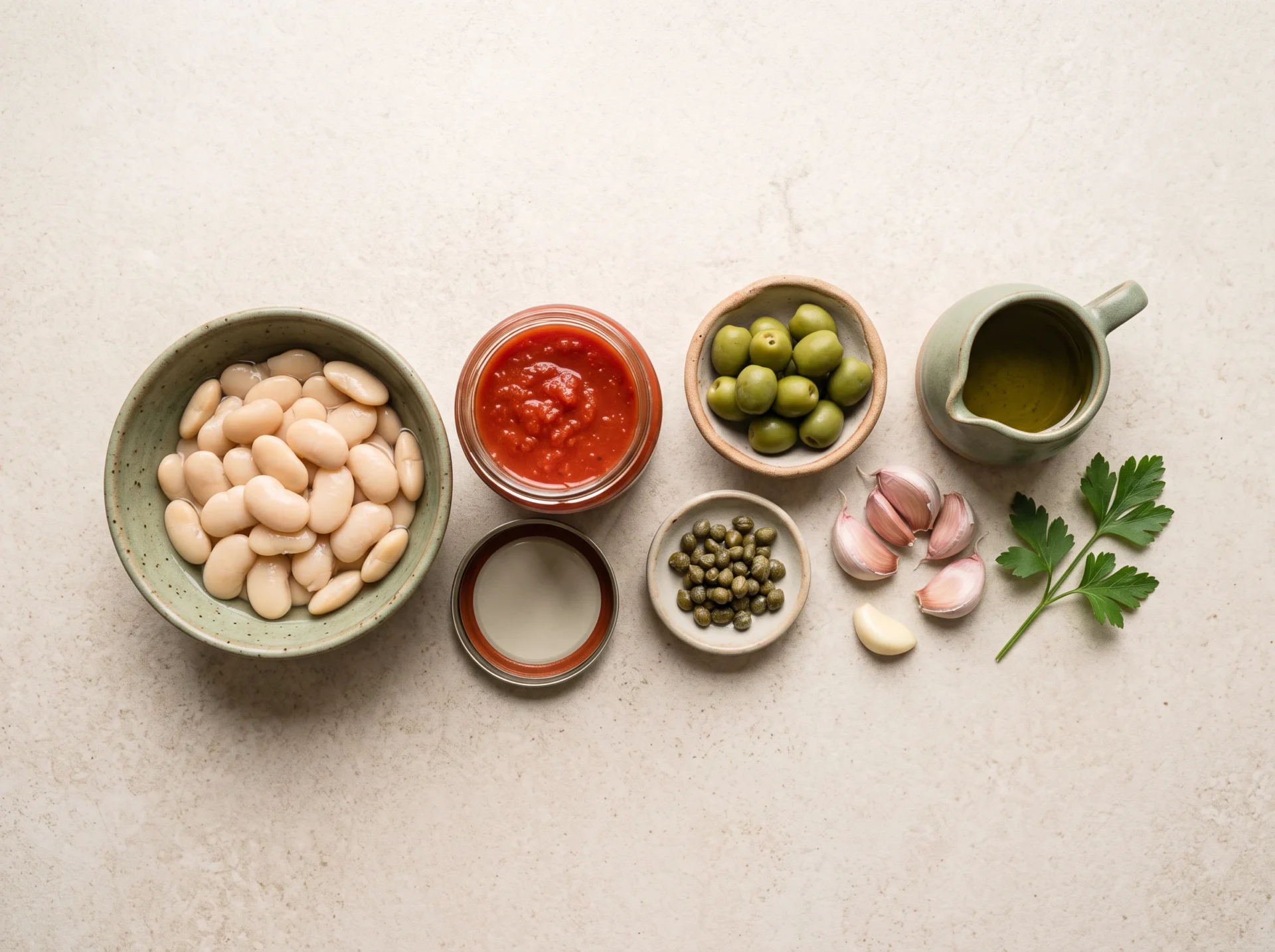 Drained butter beans, crushed tomatoes, green olives, capers, garlic and olive oil laid out raw