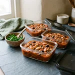 Cooled puttanesca butter beans portioned into three glass meal-prep containers