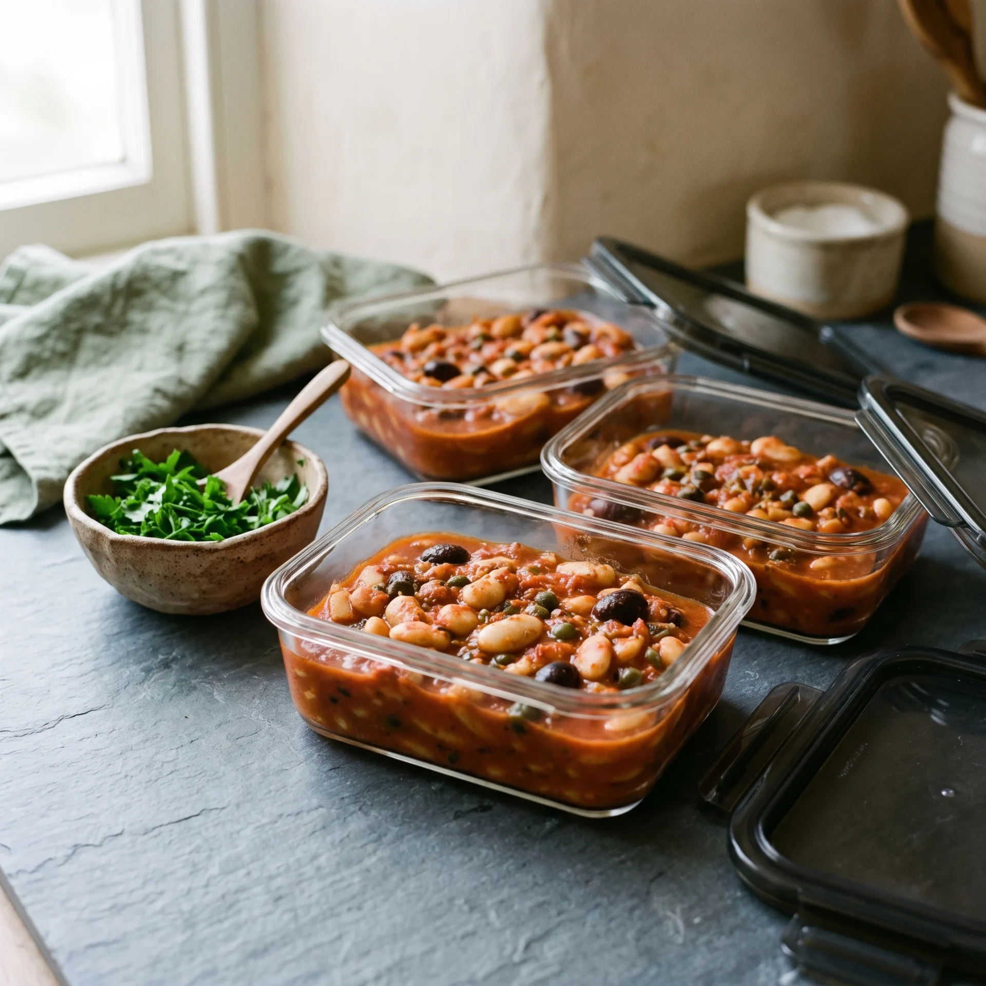 Cooled puttanesca butter beans portioned into three glass meal-prep containers