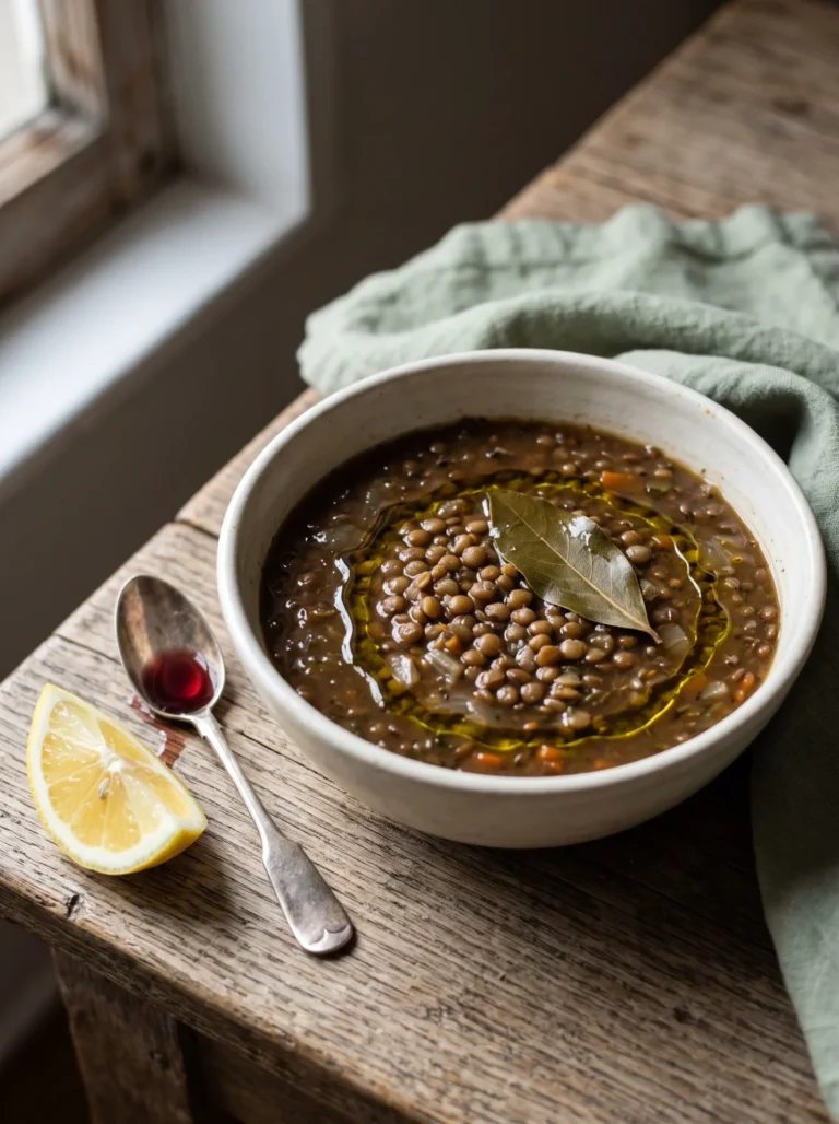 Greek lentil soup fakes in a bowl with a bay leaf and olive oil drizzled over