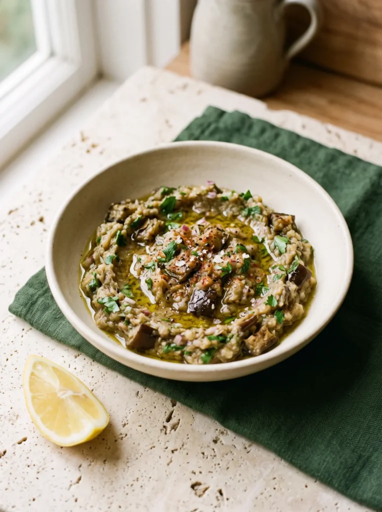 Greek eggplant dip melitzanosalata in a cream bowl with parsley