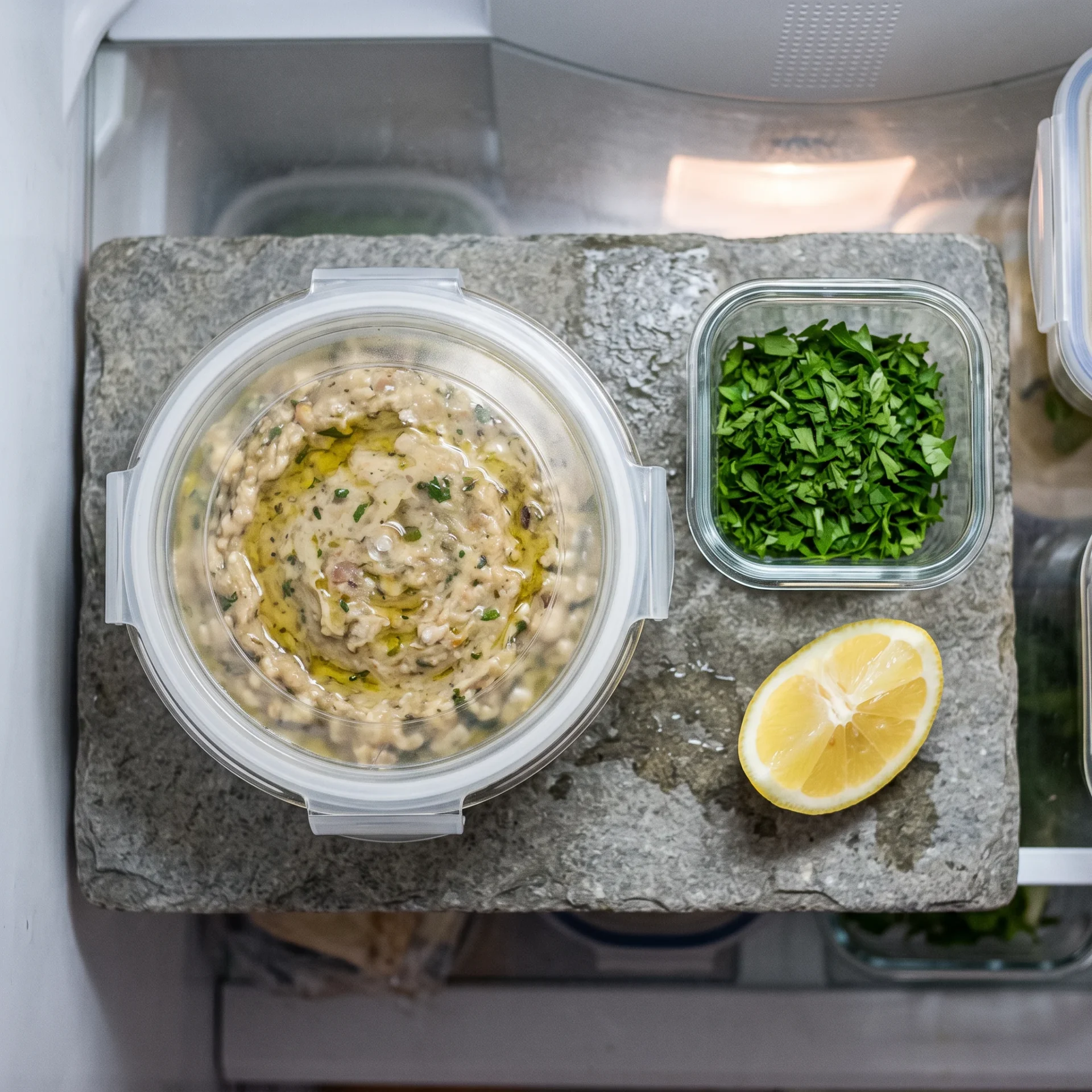 Greek eggplant dip stored in a sealed glass container