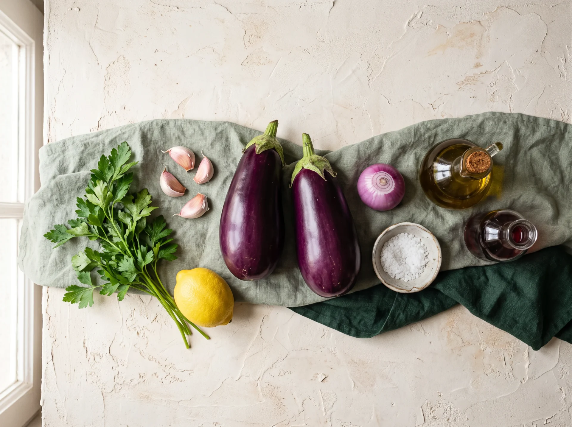 Raw ingredients for Greek eggplant dip arranged overhead