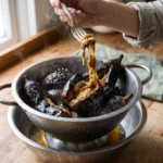 Charred eggplant flesh draining in a colander for melitzanosalata