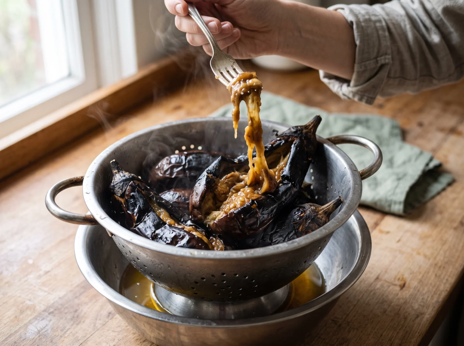 Charred eggplant flesh draining in a colander for melitzanosalata