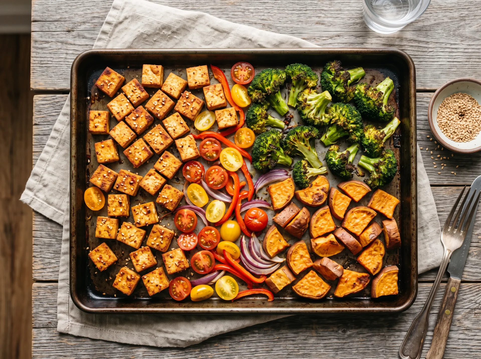 Ingredients for Tofu Broccoli Sweet Potato Meal Prep Sheet Pan