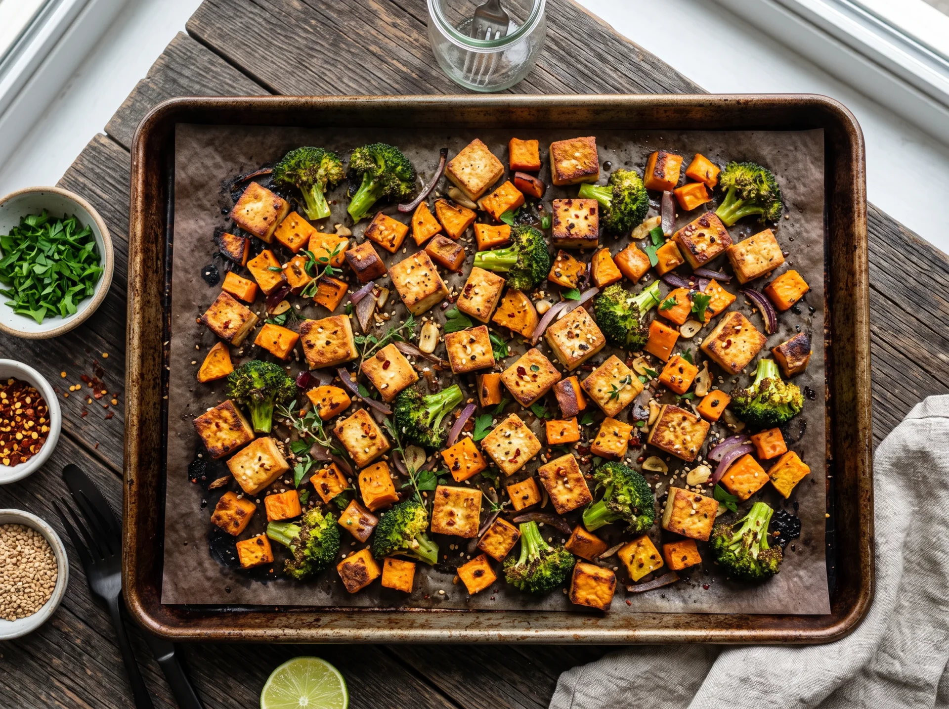 Cooking Tofu Broccoli Sweet Potato Meal Prep Sheet Pan