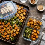 Storage for Tofu Broccoli Sweet Potato Meal Prep Sheet Pan