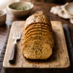 Seitan roast high protein sliced into rounds on a wooden board