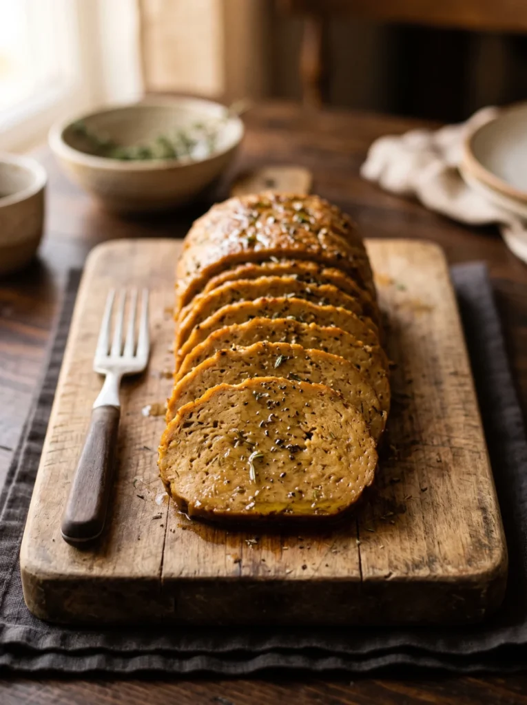 Seitan roast high protein sliced into rounds on a wooden board