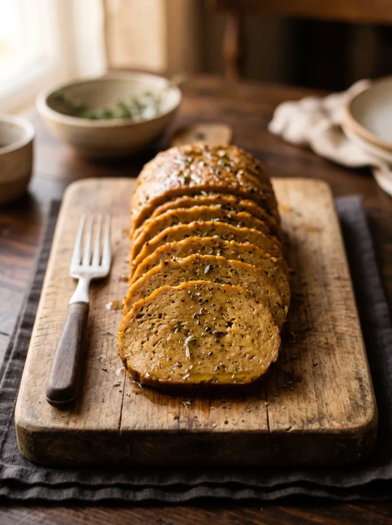 Seitan roast high protein sliced into rounds on a wooden board